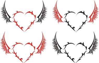 Tribal hearts with wings in two colors clipart