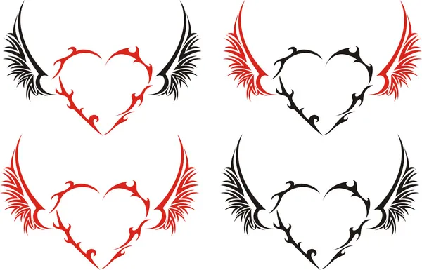 Tribal hearts with wings in two colors — Stock Vector