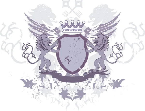 ライオンズとグランジ紋章入りの盾 — ストックベクタ