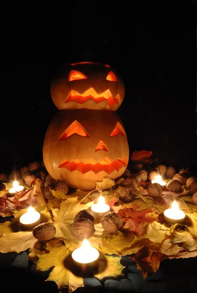 Halloween pumpkins iki ile natürmort — Stok fotoğraf