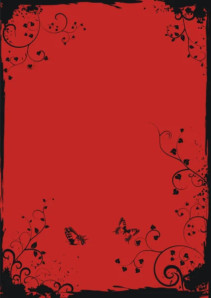 グランジ赤い蝶と花のフレーム — ストックベクタ