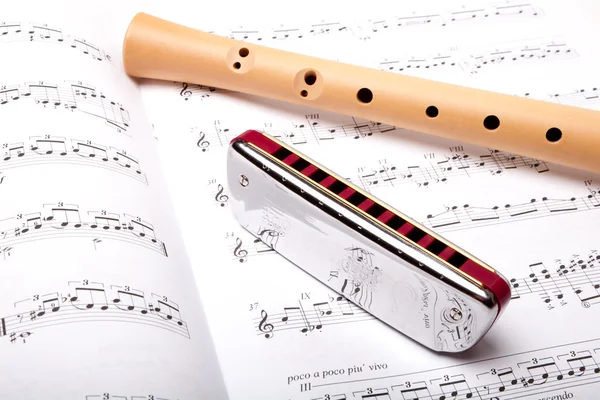 Boca armónica y flauta de madera — Foto de Stock