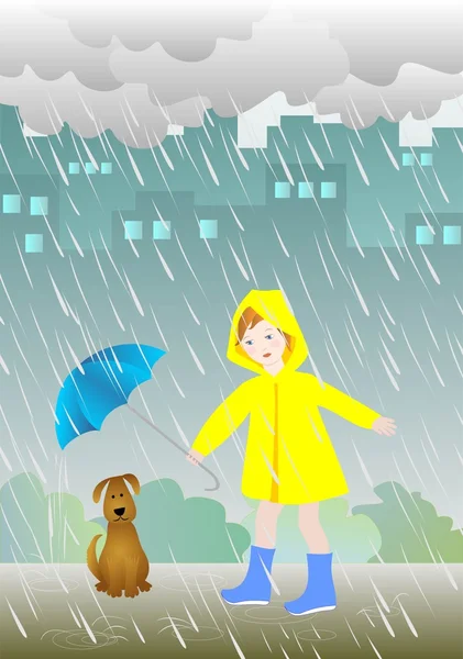 Ein Mädchen und ein Hund im Regen — Stockvektor