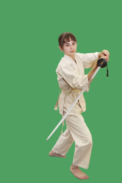 Samuraj dziewczyna na białym tle nad Zielona — Zdjęcie stockowe