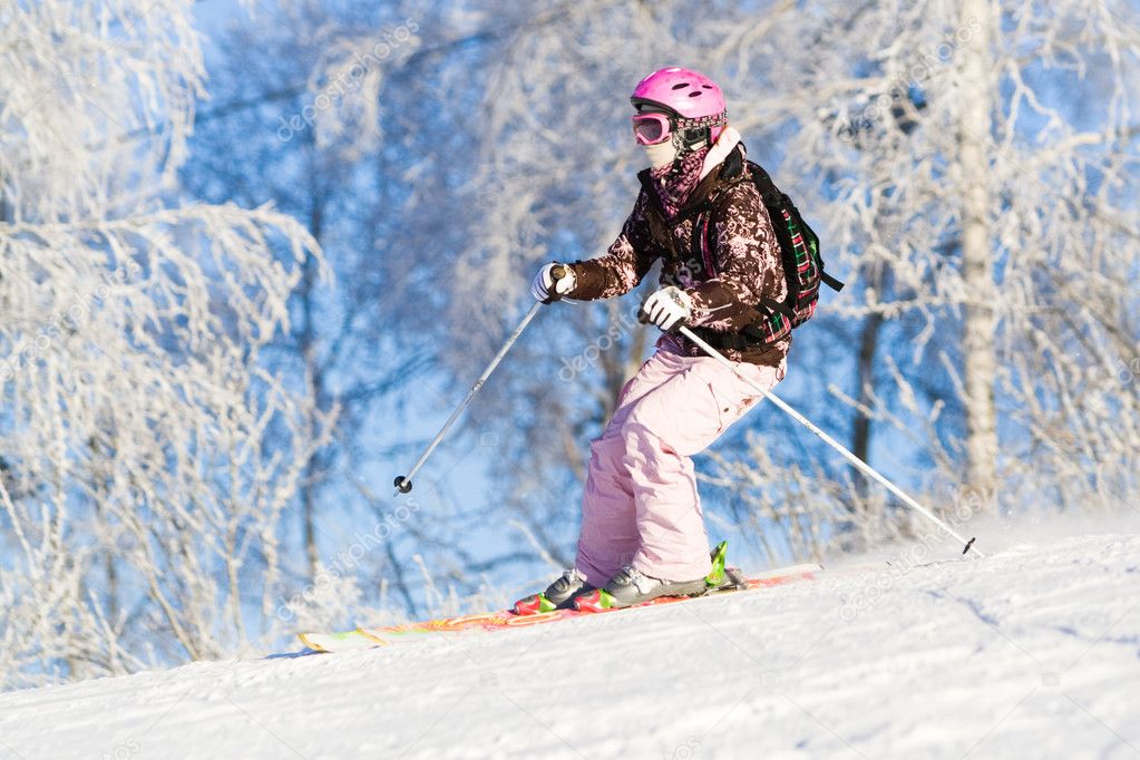 Girl skiing fast
