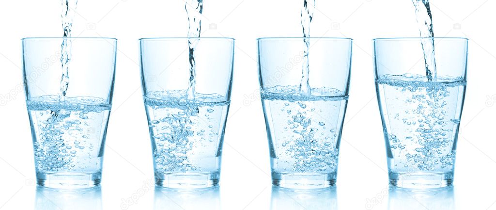 Water pouring into glasses. Set of diffe