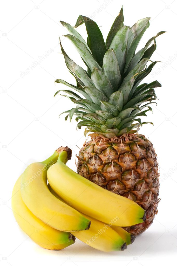 Fresh isolated ananas and bananas