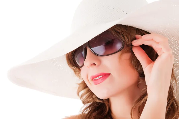 stock image Woman wearing sun glasses and straw hat