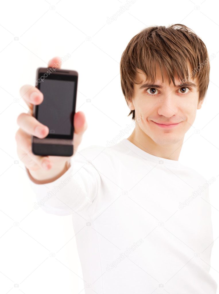 Young man showing mobile phone
