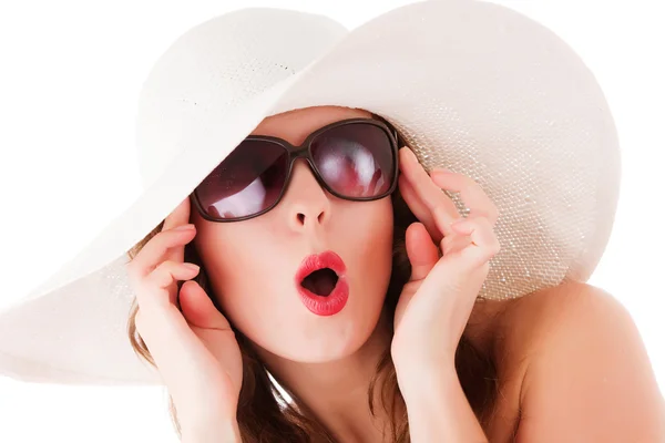 stock image Glamour woman wearing summer straw hat