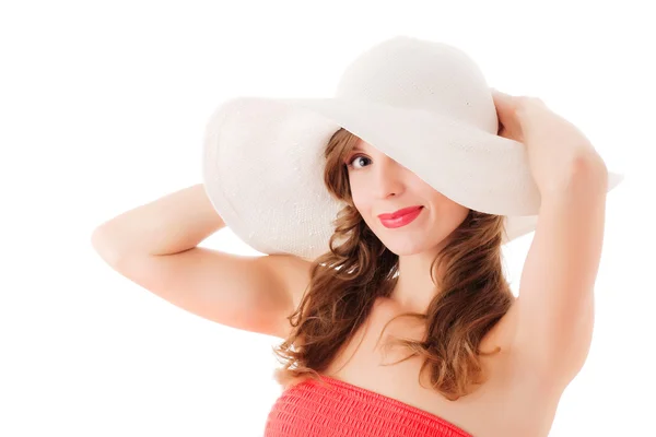 Jovem mulher romântica em chapéu de palha branco — Fotografia de Stock