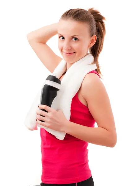 Young woman after fitness with towel — Stock Photo, Image