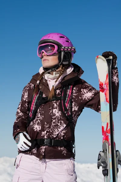 Girl skier with skis — Stock Photo, Image