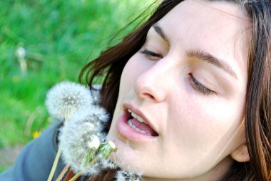 Girl is blowing on dandelion clipart