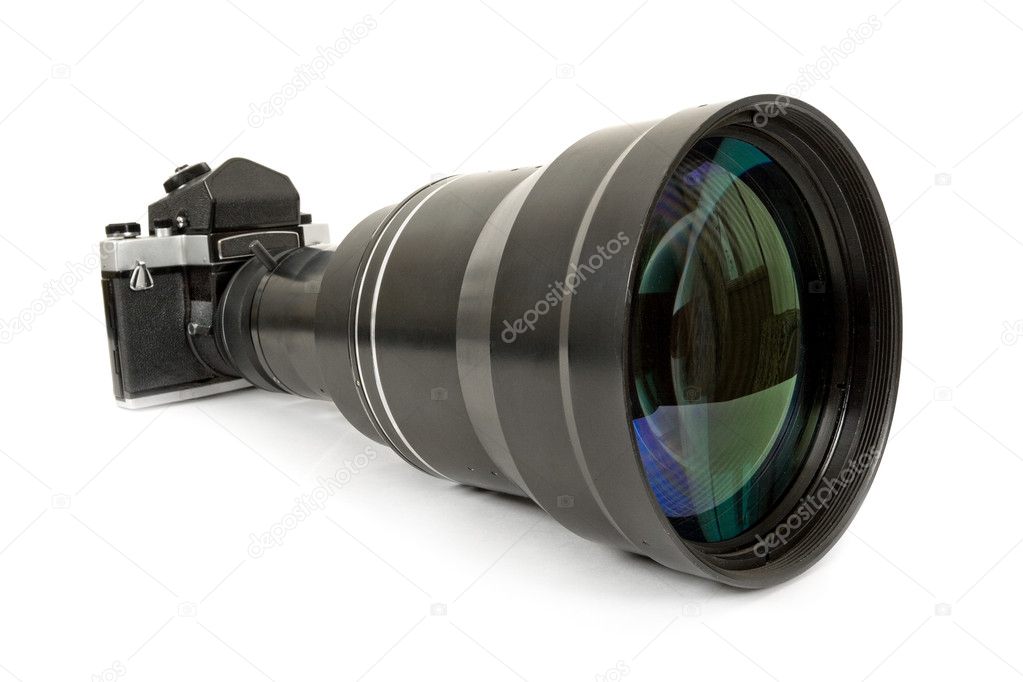SLR camera and lens on a white backgroun