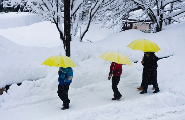 Wandelen door stad tijdens sneeuwstorm — Stockfoto
