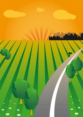 Vector sunset and the green valley. clipart