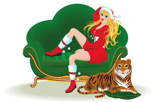 Menina e um tigre na véspera do Natal — Vetor de Stock