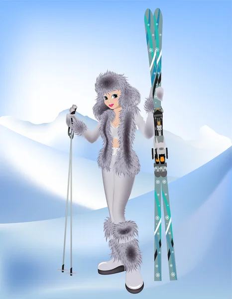 Hermosa chica con esquí alpino — Vector de stock