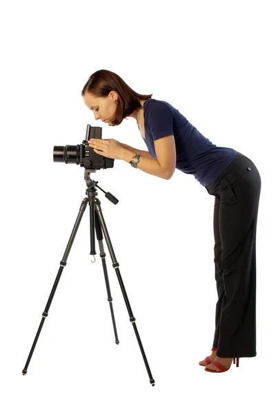 Fotografo femminile con grande macchina fotografica — Foto Stock