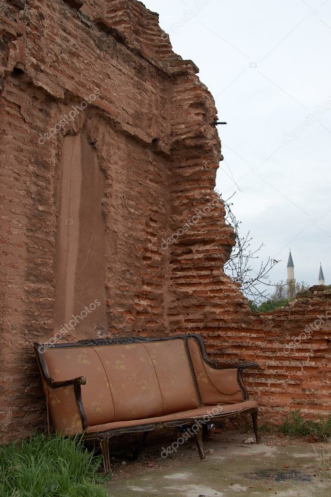Discarded couch at a mosque backyard, Istanbul, Turkey
