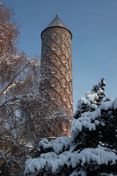 Minaret pokryty śniegiem w Erzurum medrese, Turcja — Zdjęcie stockowe