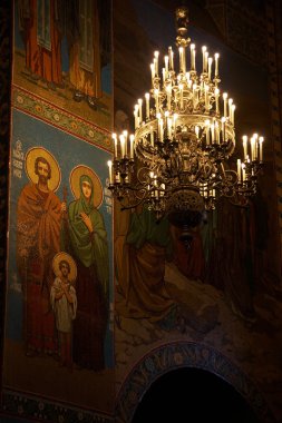 Chandelier and mosaics in Russian orthodox Church of the Savior, Saint Petersburg clipart