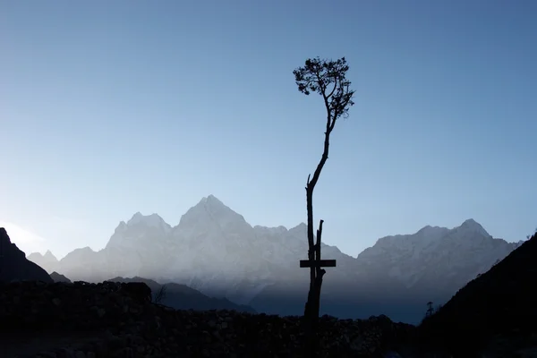 Silueta de árbol solitario en las montañas del Himalaya, Nepal — Foto de Stock