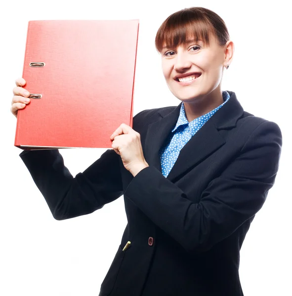 Happy business woman with red folder — Stock Photo, Image