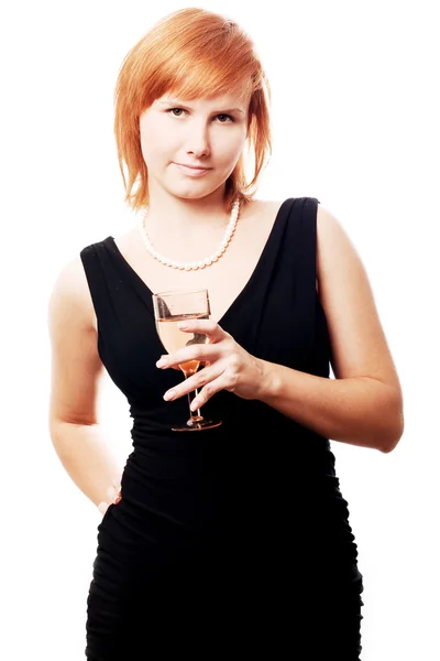 Schoonheid jonge vrouw met wijn op het deel — Stockfoto