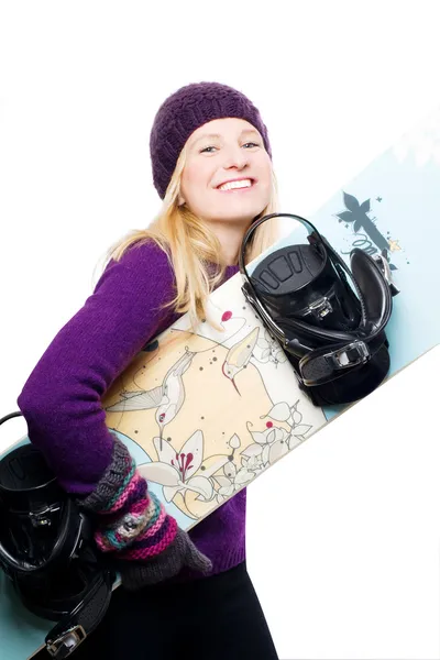 Bellezza giovane donna con snowboard — Foto Stock
