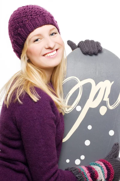 Skönhet ung kvinna med snowboard — Stockfoto