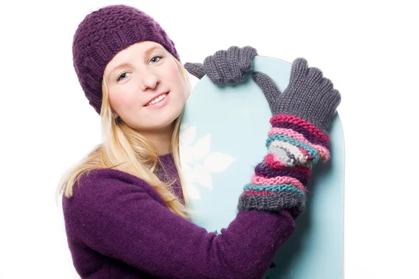 Piękna młoda dziewczyna z snowboardowe — Zdjęcie stockowe