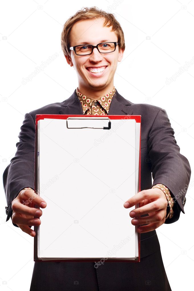 Beauty young business man with Clipboard