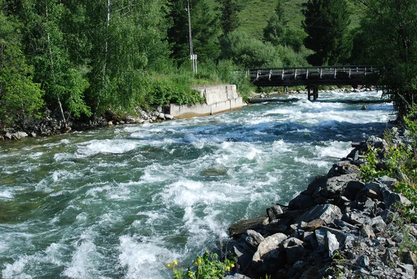 High-mountain river with bridge — Stock Photo, Image