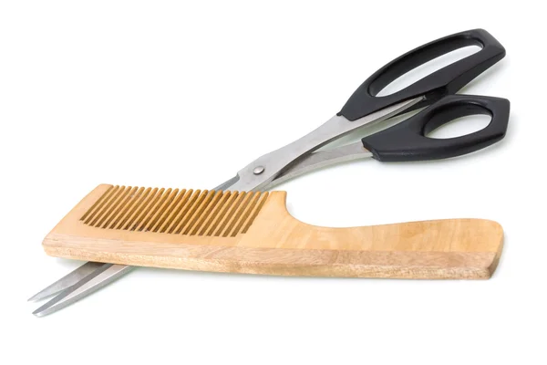 木制梳子和剪刀 — 图库照片