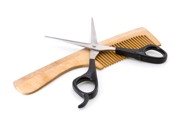 Escova de cabelo e tesoura de madeira — Fotografia de Stock