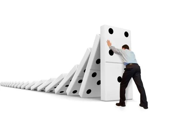 Domino-effect, man weerstaat neerwaartse beweging. — Stockfoto