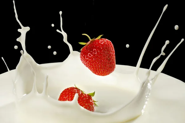 Erdbeeren mit Milchspritzer — Stockfoto