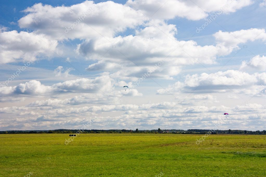 Skydivers land on the meadow