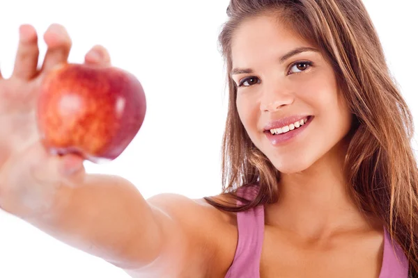 Mutlu kız gösteren kırmızı elma — Stok fotoğraf