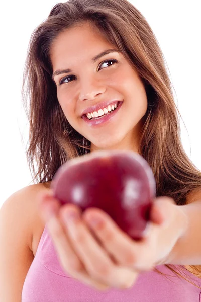 Szczęśliwa dziewczyna wyświetlone czerwone jabłko — Zdjęcie stockowe