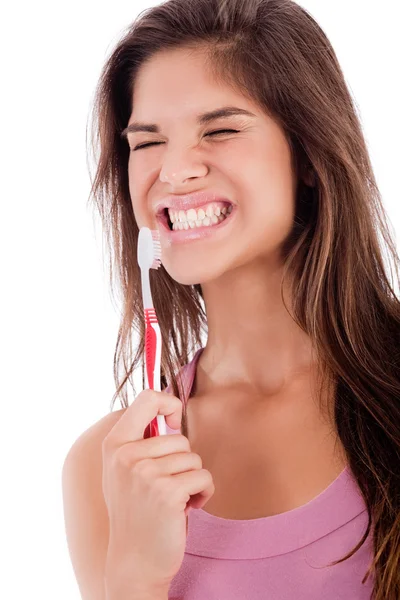Add hozzá egy aranyos lány, foga fogmosás — Stock Fotó