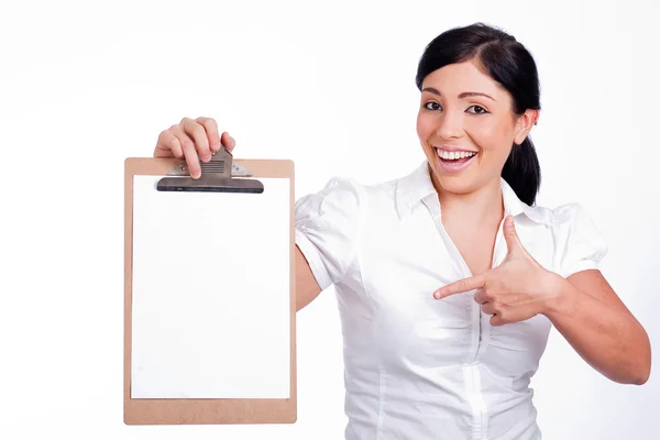 Mujer Señalando en blanco Clip board — Foto de Stock