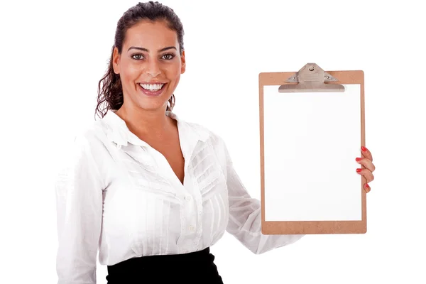 Mulher segurando placa Clip em branco — Fotografia de Stock