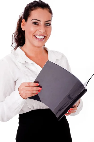 Счастливая деловая женщина держит файлы — стоковое фото