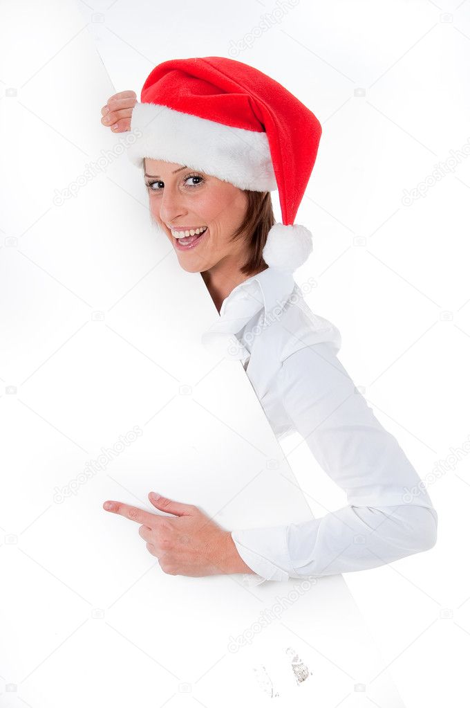 Female Santa pointing down at blank bill