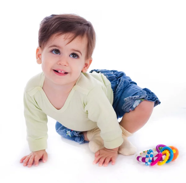 Младенец в синем джинсе и верхней одежде — стоковое фото