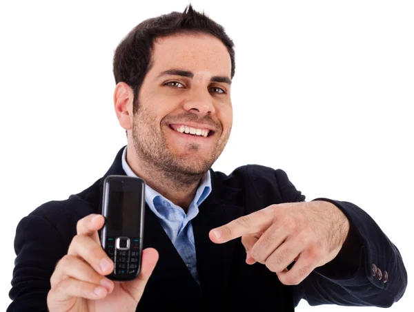 Hombre señalando su móvil — Foto de Stock
