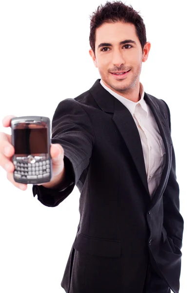 Ο άνθρωπος των επιχειρήσεων δείχνει ένα κινητό τηλέφωνο — Φωτογραφία Αρχείου